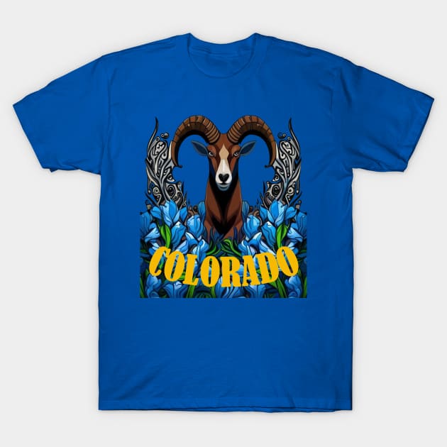 Colorado Bighorn Sheep With Blue Columbine Flowers T-Shirt by taiche